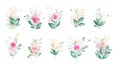 Watercolor floral illustration set. Green & gold leaves, branches, and glitter line art for wedding card, greeting, wallpaper,