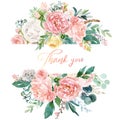 Watercolor floral illustration - wreath / frame with bright peach color, white, pink, vivid flowers, green leaves Royalty Free Stock Photo