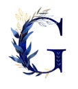 Watercolor floral monogram, letter - classic blue decorated with gold