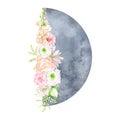 Watercolor floral moon illustration. Mystical blue first quarter moon phase with flowers isolated on white background. Celestial Royalty Free Stock Photo