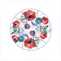 Watercolor Floral pattern, decoration on a round background. Plate, logo, sticker with flowers and herbs. poppy, dandelion, wild