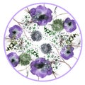 Watercolor Floral pattern, decoration on a round background. Plate, logo, sticker with flowers and herbs. poppy, dandelion, wild