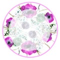 Watercolor Floral pattern, decoration on a round background. Plate, logo, sticker with flowers and herbs. poppy, dandelion, wild