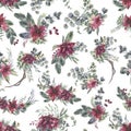 Watercolor floral pattern with different leaves and flowers. Floral seamless pattern on white background.