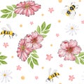 Watercolor floral pattern. Seamless pattern with Chinese cherry blossoms, bees and daisies. Summer design for textiles