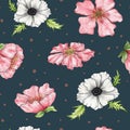 Watercolor floral pattern. Seamless Pattern with Chinese Cherry Blossoms. Cherry blossom illustration hand drawn. Dark