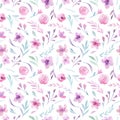 Watercolor floral pattern. Seamless pattern with purple, gold and pink bouquet on white background. Flowers, roses Royalty Free Stock Photo