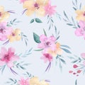 Watercolor floral pattern. Seamless pattern with purple, gold and pink bouquet on white background. Flowers, roses Royalty Free Stock Photo
