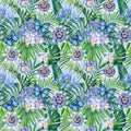 Watercolor floral pattern, tropical leaves, flowers and butterfly