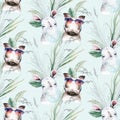 Watercolor floral pattern with warthog and hippo baby nursery natural leaves, feathers, flowers, Isolated on white