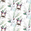 Watercolor floral pattern with warthog and hippo baby nursery natural leaves, feathers, flowers, Isolated on white