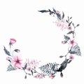 Watercolor floral pink wreath hand drawn clip art