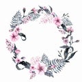 Watercolor floral pink wreath hand drawn clip art
