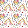 Watercolor floral rainbow seamless pattern. Cute colorful spring flowers, rainbows, butterflies on white background. Royalty Free Stock Photo