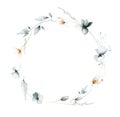 Watercolor floral round frame of blue, turquoise, gray, orange poppy, chamomile, wild little flowers, leaves, branches Royalty Free Stock Photo