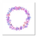 Watercolor floral round frame. Wreath of blue, pink and purple flowers. Postcard, baner, wedding invitation, blank Royalty Free Stock Photo