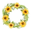 Watercolor floral round frame or wreath with green leaves and sunflowers Royalty Free Stock Photo