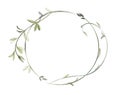 Watercolor floral round wreath. Pastel color abstract circle frame with branches and eucalyptus leaves. Place for text
