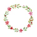 Watercolor floral round wreath with pink, red flowers, berries and leaves. Vector EPS. Royalty Free Stock Photo