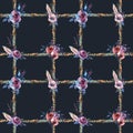 Watercolor floral rustic rope seamless pattern on black backgrou