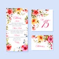 Watercolor floral rustic wedding menu, table and escort cards with vintage wild flowers illustration. Royalty Free Stock Photo