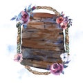 Watercolor floral rustic wooden textured surface and rope