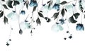 Watercolor floral seamless border of black, gray, blue, turquoise rose, poppy, wild flowers, leaves, branches.