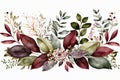 Watercolor floral seamless border green leaves burgundy maroon pink peach blush white flowers leaf branches. Wedding invitations Royalty Free Stock Photo