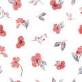 Watercolor floral seamless pattern with abstract red flowers, berries, leaves isolated on white Royalty Free Stock Photo