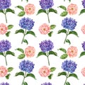 Watercolor floral seamless pattern with blue hydrangea and blush pink ranunculus on white background. Summer garden print Royalty Free Stock Photo