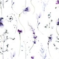 Watercolor floral seamless pattern. Blue, lilac, purple pansies, violets, lavender wild flowers and branches on white. Royalty Free Stock Photo