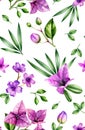 Watercolor floral seamless pattern. Bougainvillea and purple orchid flowers, palm leaves isolated on white. Botanical Royalty Free Stock Photo
