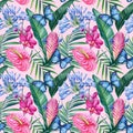 Watercolor floral Seamless pattern. Butterflies, pink flower and palm leaves. Exotic wallpaper in Hawaiian style Royalty Free Stock Photo