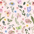 Watercolor floral seamless pattern. Cute botanical print, blooming meadow illustration with butterflies on pink background. Royalty Free Stock Photo