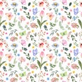 Cute and bright watercolor flowers seamless pattern on white background. Spring wildflowers and leaf botanical print.