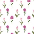 Watercolor floral seamless pattern. Cute botanical print, blooming meadow illustration with pink tulips and purple hyacinths Royalty Free Stock Photo