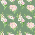 Watercolor floral seamless pattern. Elegant bouquets on green background. Blush flowers and greenery repeated print for