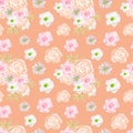 Watercolor floral seamless pattern. Elegant pink, blush, white flowers on peach orange background. Repeated botanical Royalty Free Stock Photo