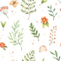 Watercolor floral seamless pattern with field flowers, leaves, butterfly, fern. Botanical background with polka dots and greenery Royalty Free Stock Photo