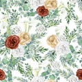 Watercolor floral seamless pattern with flower bouquet. Burgundy and Golden Rose, fir branch, lily, eucalyptus branch. Royalty Free Stock Photo