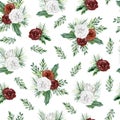 Watercolor floral seamless pattern with flower bouquet. White Rose, fir branch, burgundy rose Royalty Free Stock Photo