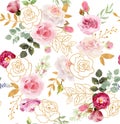 Watercolor floral seamless pattern with golden elements