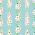 Watercolor floral seamless pattern. Hand drawn vertical botanical tile. Elegant bouquets on light blue background. Pink