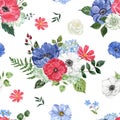 Watercolor floral seamless pattern. Hand-painted illustration. Red, white and blue flowers, green leaves on white background Royalty Free Stock Photo
