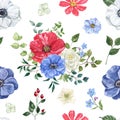 Watercolor floral seamless pattern. Hand painted illustration. Red, white and navy blue flowers, green leaves arrangement Royalty Free Stock Photo