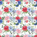 Watercolor floral seamless pattern. Hand painted illustration. Red, white and navy blue flowers, green leaves Royalty Free Stock Photo