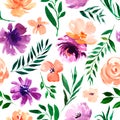 Watercolor floral seamless pattern in a la prima style, watercolor flowers, twigs, leaves, buds.