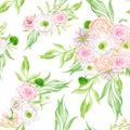 Watercolor floral seamless pattern. Lush greenery and delicate blush, white and peach color flowers isolated on white