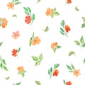 Watercolor floral seamless pattern with painted abstract orange flowers, green branches, leaves. Royalty Free Stock Photo