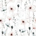 Watercolor floral seamless pattern of pastel pink, dark gray buds, poppy, rose, peony, wild flowers, leaves, branches. Royalty Free Stock Photo